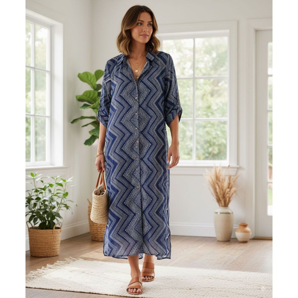 Mileage Blue Chevron Zigzag Prints  Button Down Semi Sheer Tunic Maxi Dress 2X